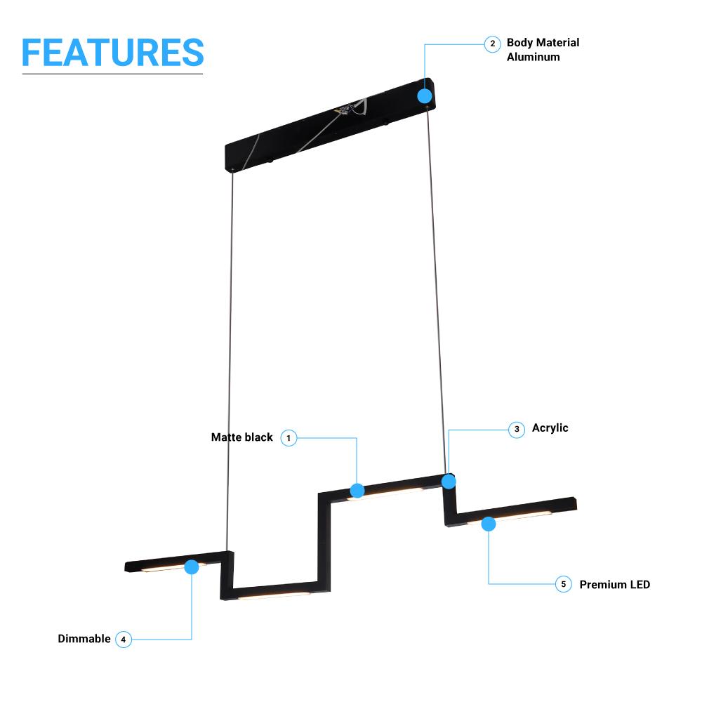 1 - Light, LED Linear Chandelier Light Fixture In Matte black Body Finish, 23W, 3000K, 1150LM Dimmable, 39.4''×1.3''×71'' (Dimension) - LEDMyPlace