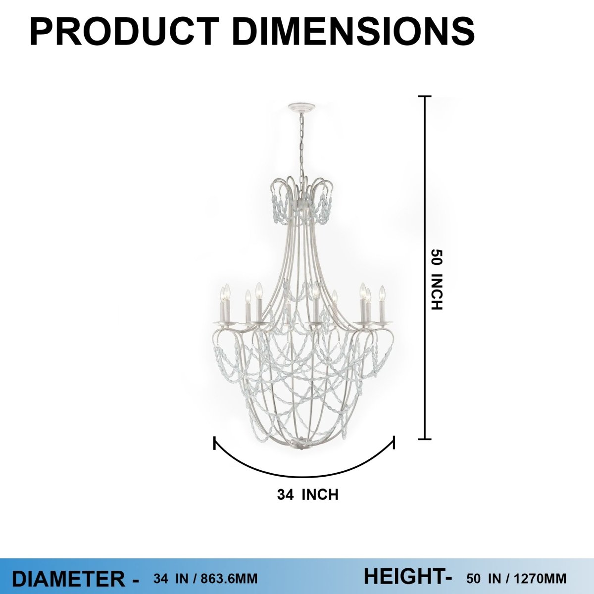 10 - Light Traditional Beaded Candle Chandelier Wash Wood Finish with Blue Crystal ,E12 Base - 34“D x 50”H - LEDMyPlace