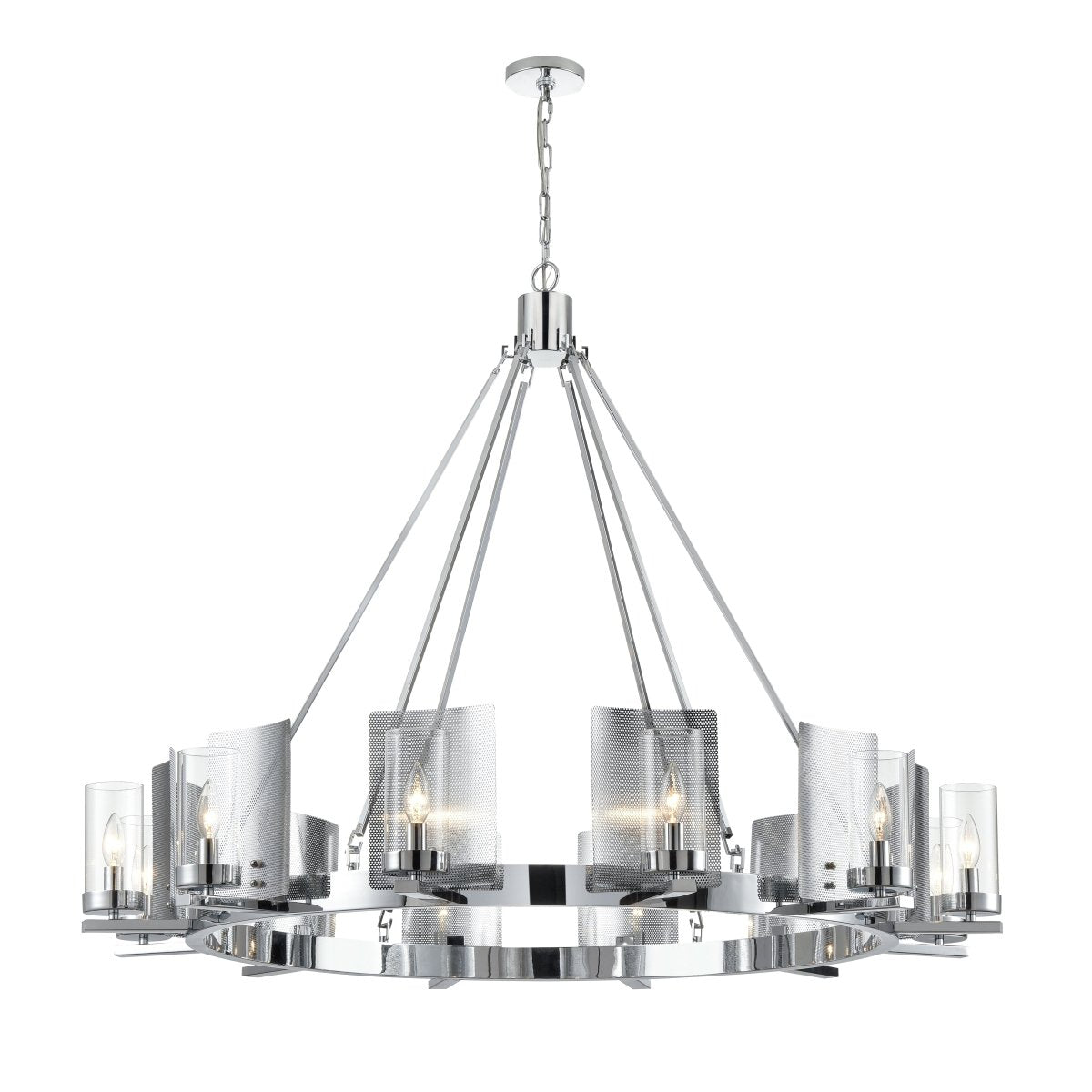12 - Light Ring Chandelier Ceiling Light in Chrome Finish with Clear Glass, Diam 50" Height 39", 120V, Bulb Type B10, Socket Type E12, Max wattage Per Socket 60W - LEDMyPlace