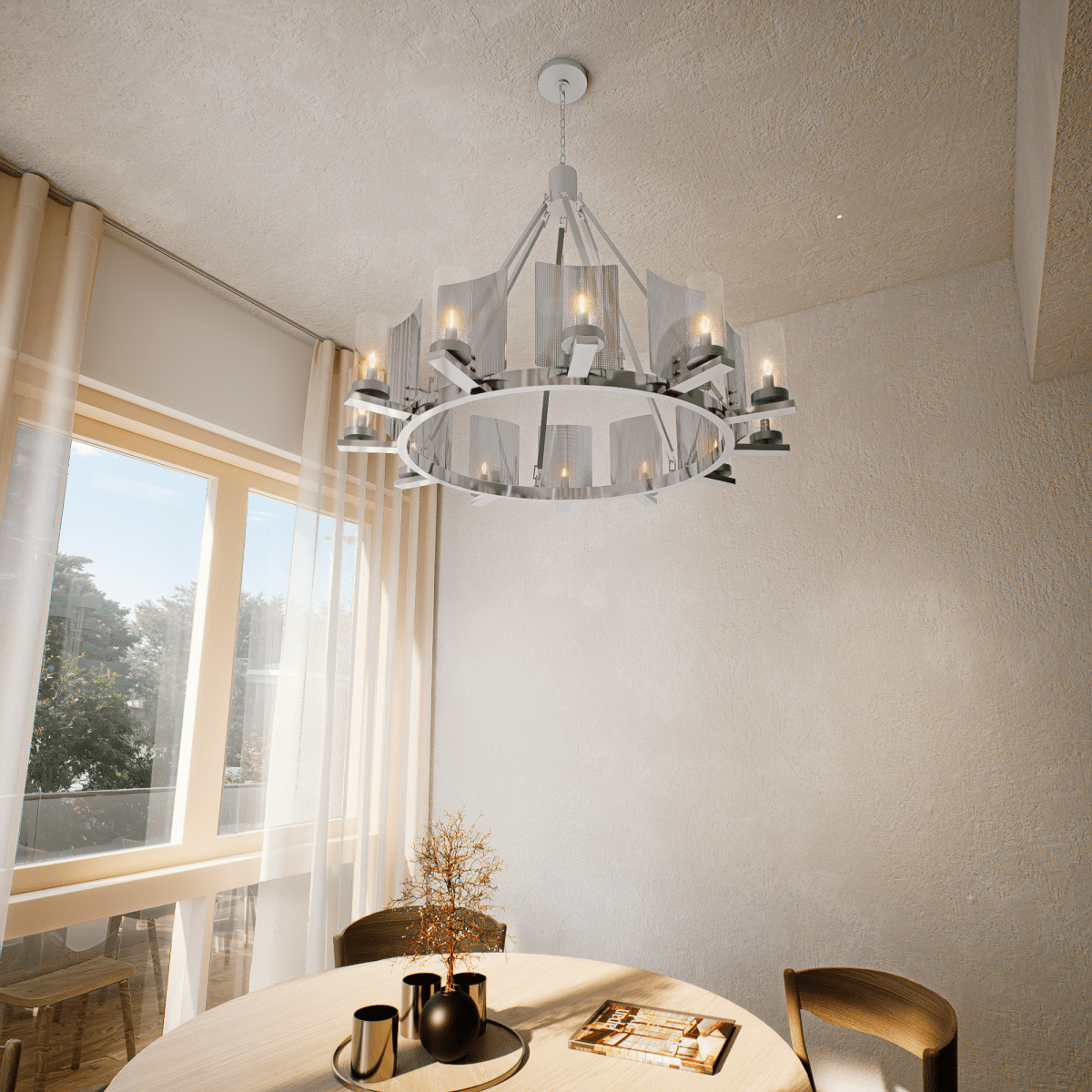 12 - Light Ring Chandelier Ceiling Light in Chrome Finish with Clear Glass, Diam 50" Height 39", 120V, Bulb Type B10, Socket Type E12, Max wattage Per Socket 60W - LEDMyPlace