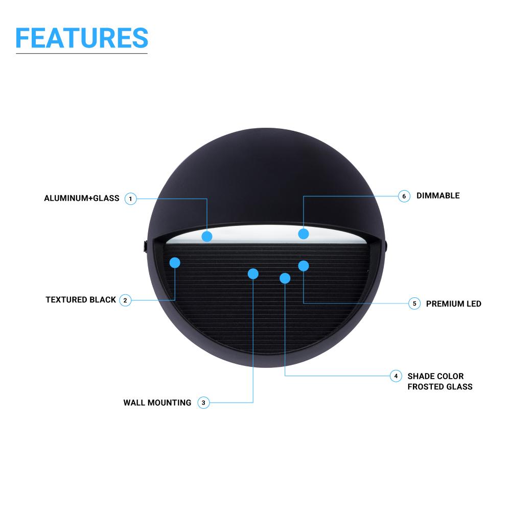 12W, Decorative LED Outdoor Wall Sconce, Half Round, Dimmable, ETL Listed, Frosted Glass Shade, Wet Location, 3000K/5000K, Deck Rail Lighting, Black - LEDMyPlace