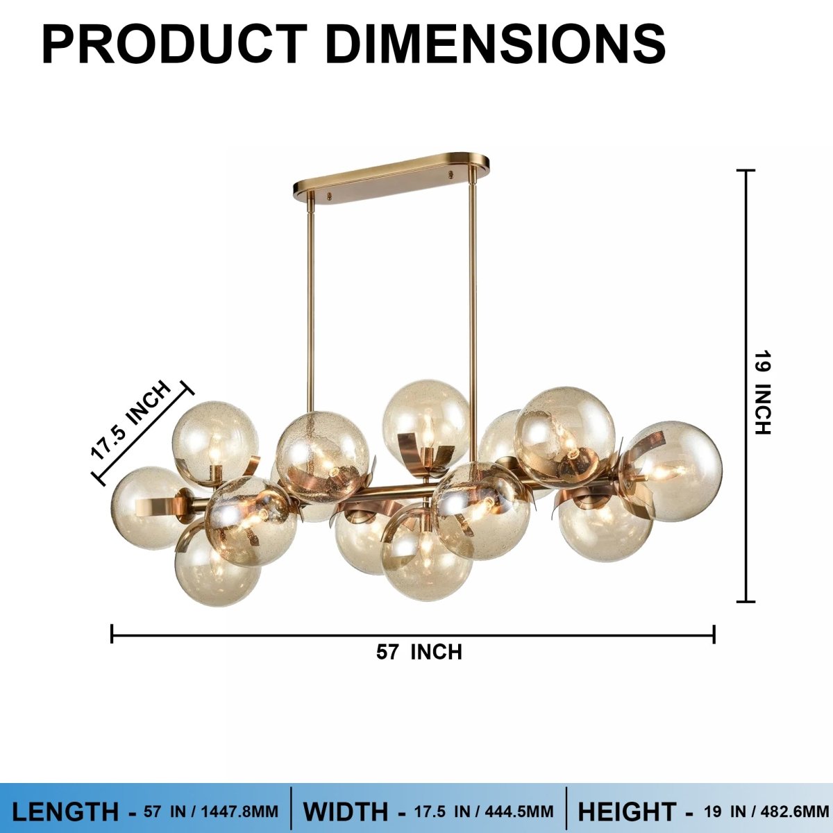 14 - Light Linear Chandeliers for Dining Room Glass Globe New Brass Finish Hardware Finish with Mercury Glass, Pendant Lighting, E12 Base - 57"L x 17.5”W x 19“H - LEDMyPlace