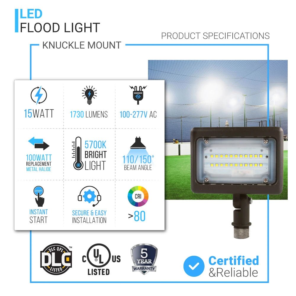 15W Outdoor LED Flood Security Lights, 5700K, 1730LM, IP65 Waterproof Landscape Lighting, Knuckle Mount, Bronze, Outdoor Garden Area Security Floodlight - LEDMyPlace