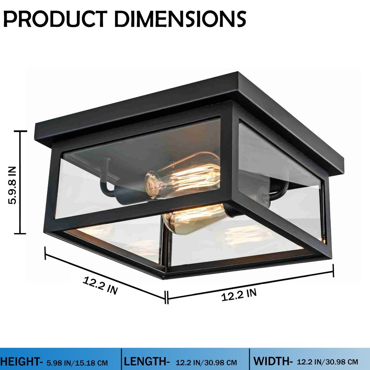 2 - Light Outdoor Ceiling Lights Black Outdoor Flushmount - 12.2"L x 12.2"W x 5.98"H - LEDMyPlace