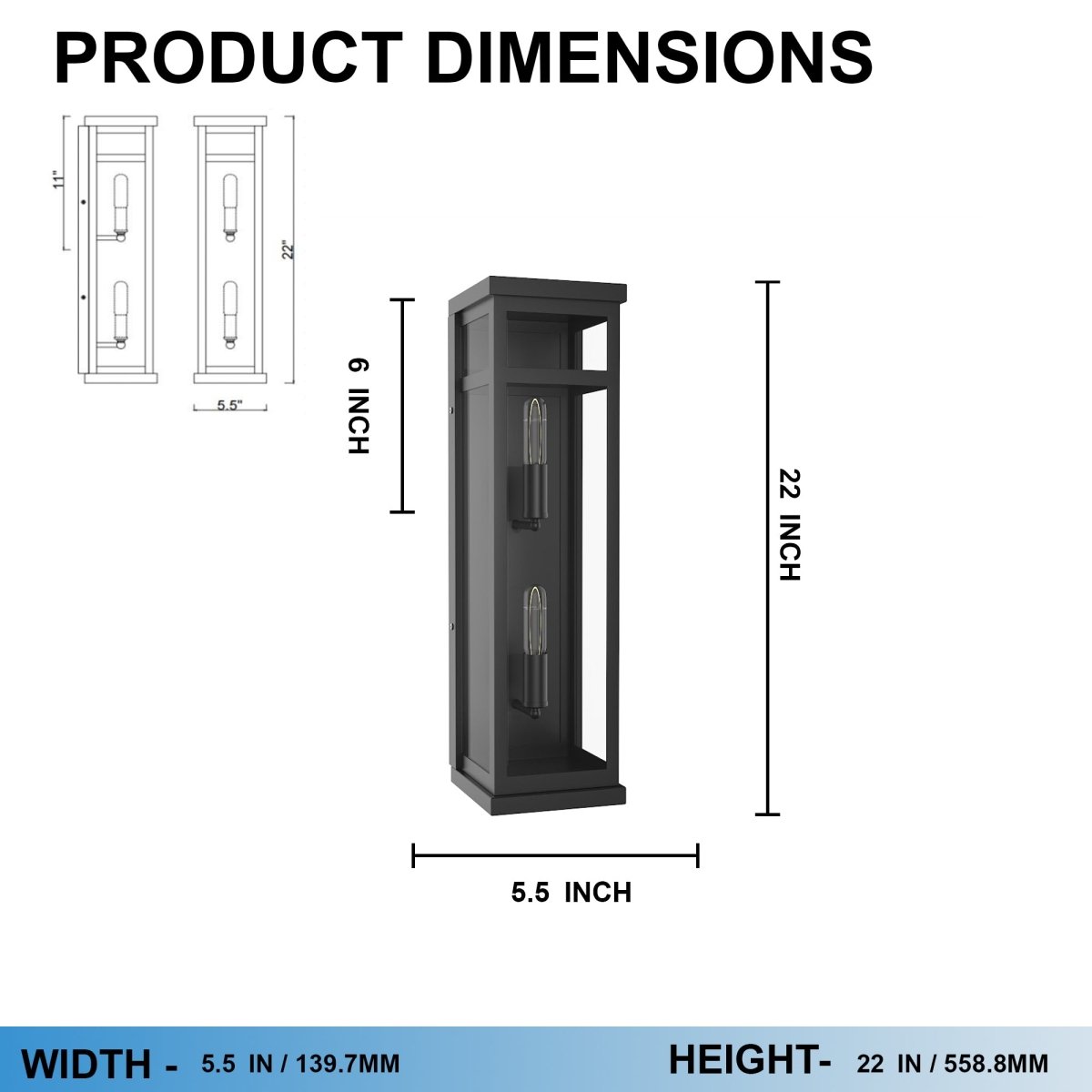 2 - Light Wall Sconce, E12 Holder, 2X40W, Matte Black, Rectangular, Clear Glass Panels, 22" H x 5.5" W, Extends 6" from the wall - LEDMyPlace
