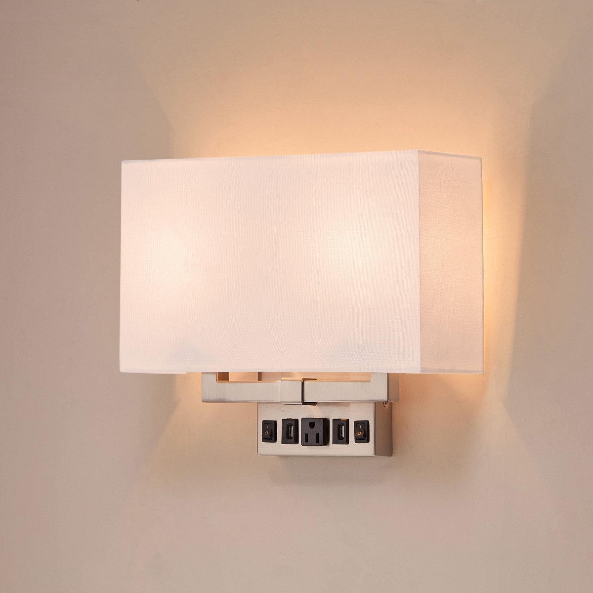 2 Light Wall Sconce for Bedroom with 2 Switch 2 USB 2 Type C 1 Outlet White Fabric Acrylic Shade Wall Mounted Lamps for Hotel Corridor and