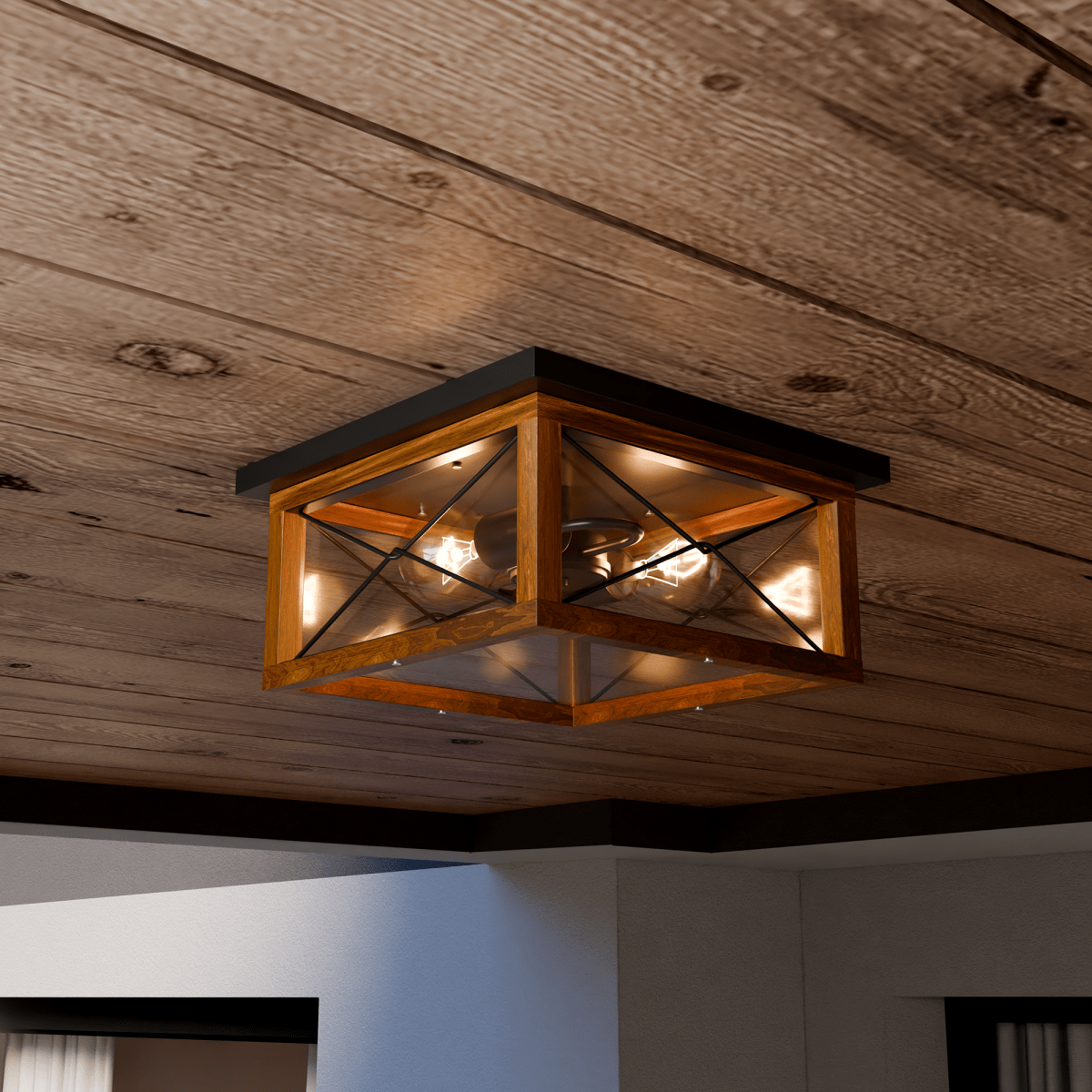 2 - Lights Indoor Outdoor Flush Mount Ceiling Lamp Farmhouse Close to Ceiling Light Fixtures with Wood Texture Finish for Kitchen Dining Room Bedroom Porch Hallway Entryway - LEDMyPlace