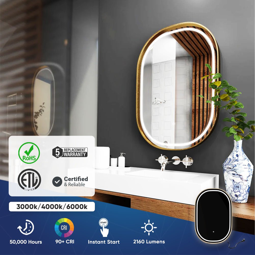 24 in. X 36 in. LED Lighted Bathroom Mirror with Gold Frame, Touch Sensor Switch and CCT Remembrance, CRI 90+, Evo Style - LEDMyPlace