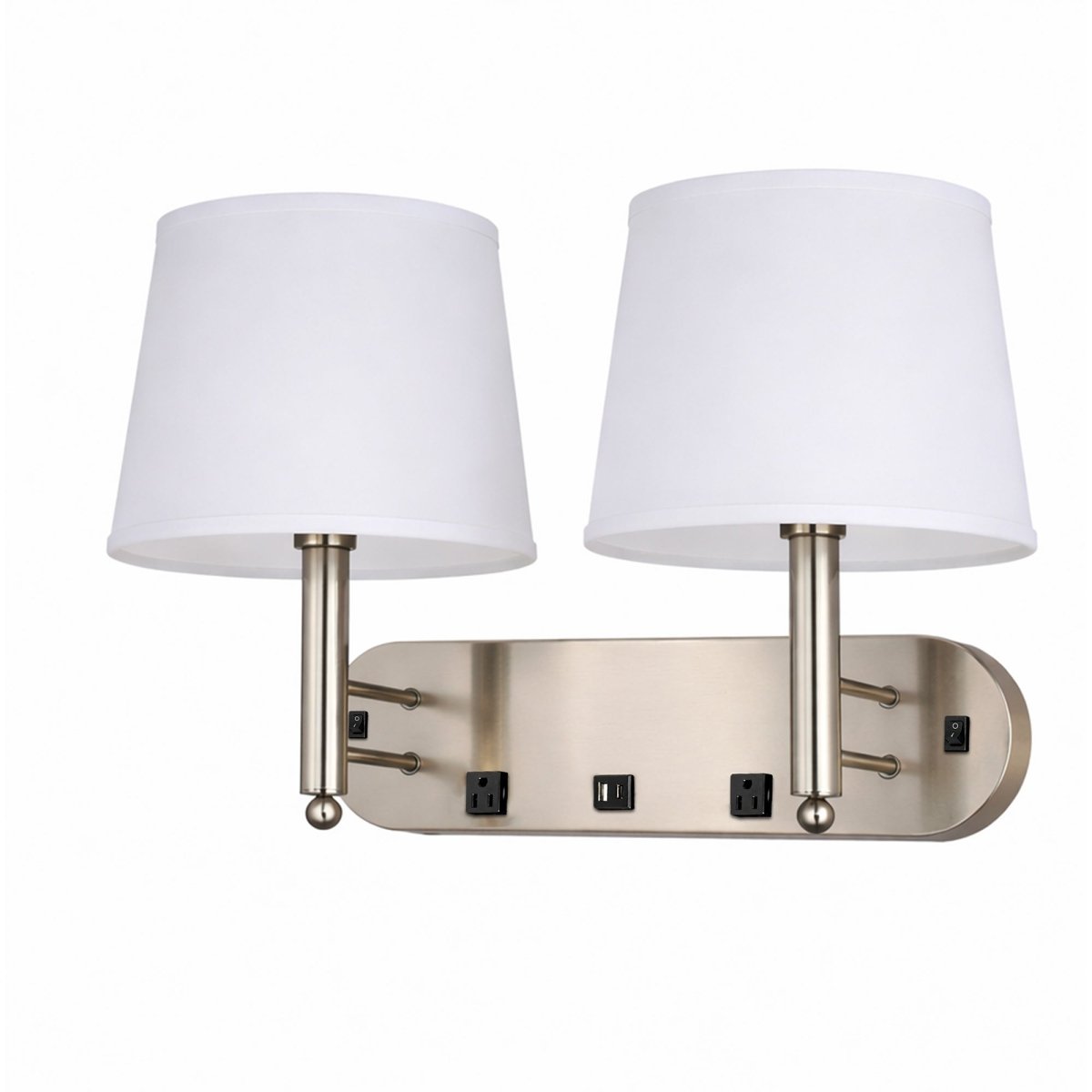 24"W x 16"H Double Wall Lamp with White Linen Shades – Plated Brushed Nickel Finish - 2 Pack - LEDMyPlace