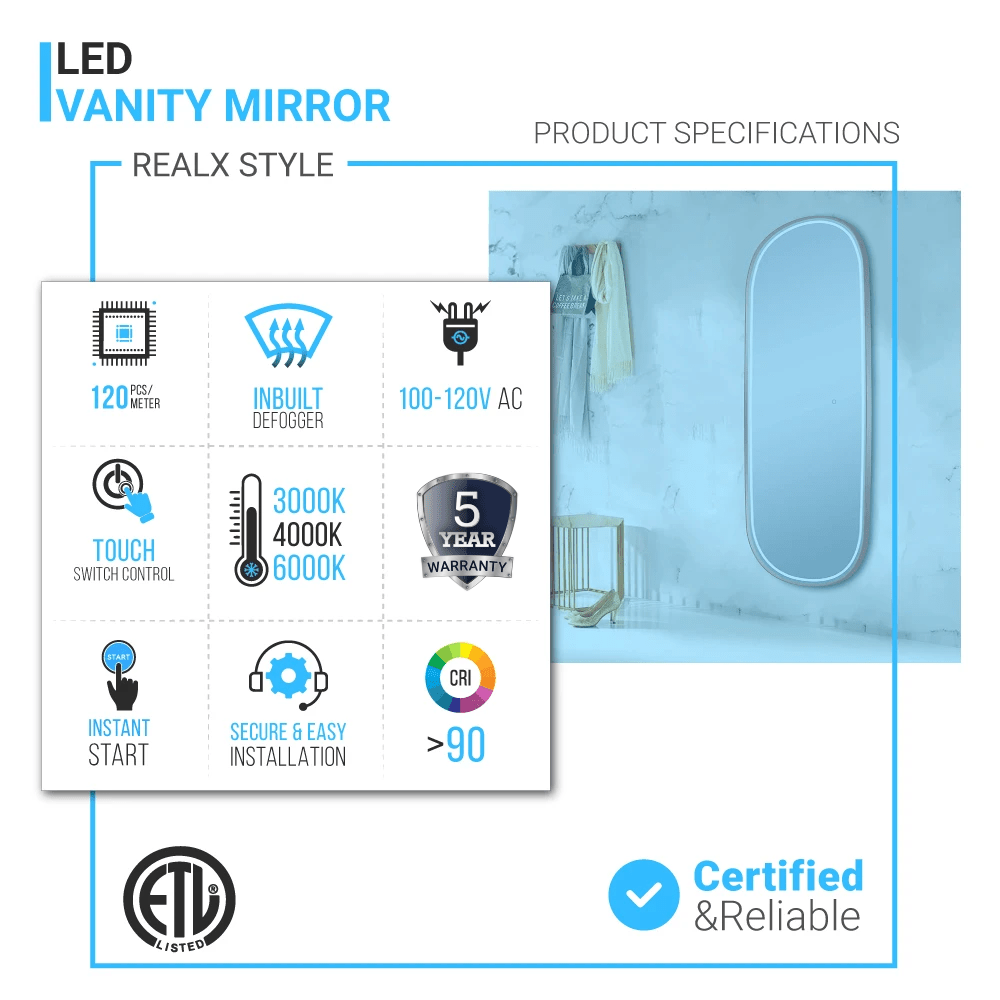 26 in. X 63 in. LED Lighted Bathroom Vanity Mirror with Rose Gold Frame, CRI 90+, Anti - Fog Adjustable Color Temperature & Remembrance, Lighted Makeup Mirrors, Realx Style - LEDMyPlace