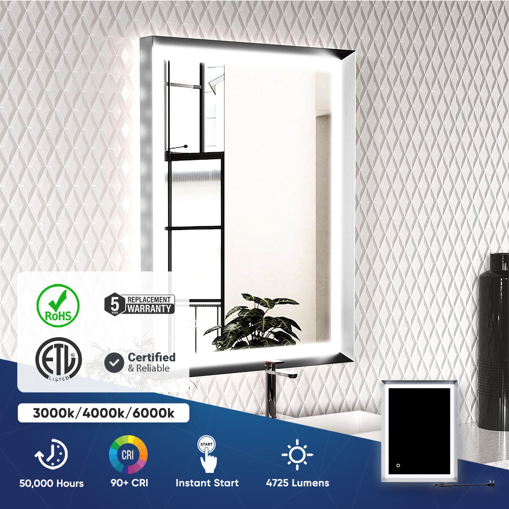 Frontlit/Backlit LED Lighted Bathroom Vanity Mirror with Frame, Anti-Fog, Touch Button, CRI 90+, Adjustable CCT & Memory, Magnum Style