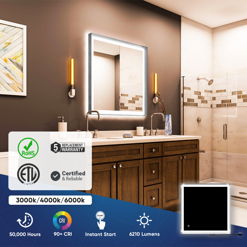 Frontlit/Backlit LED Lighted Bathroom Vanity Mirror with Frame, Anti-Fog, Touch Button, CRI 90+, Adjustable CCT & Memory, Magnum Style