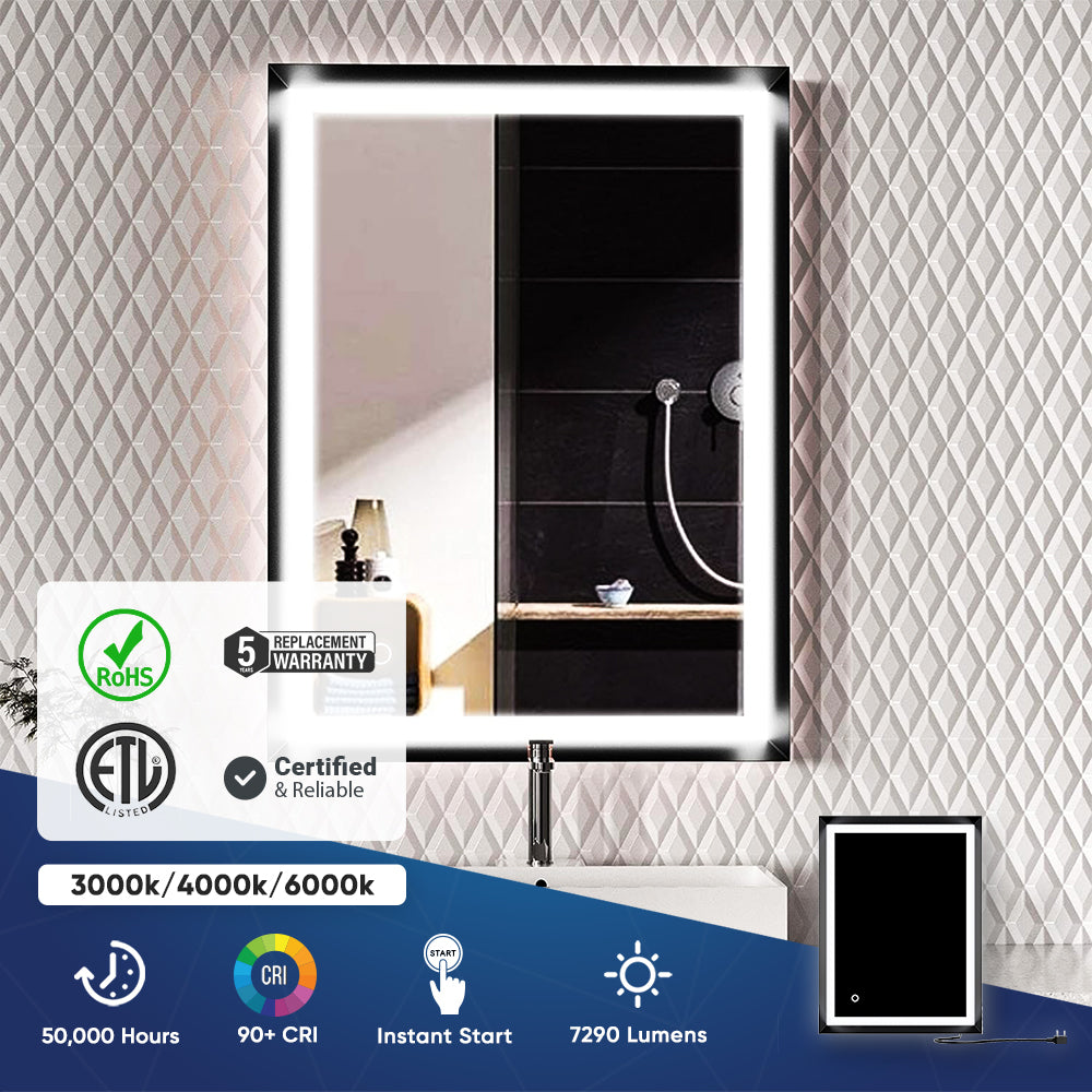 Frontlit/Backlit LED Lighted Bathroom Vanity Mirror with Frame, Anti-Fog, Touch Button, CRI 90+, Adjustable CCT & Memory, Magnum Style