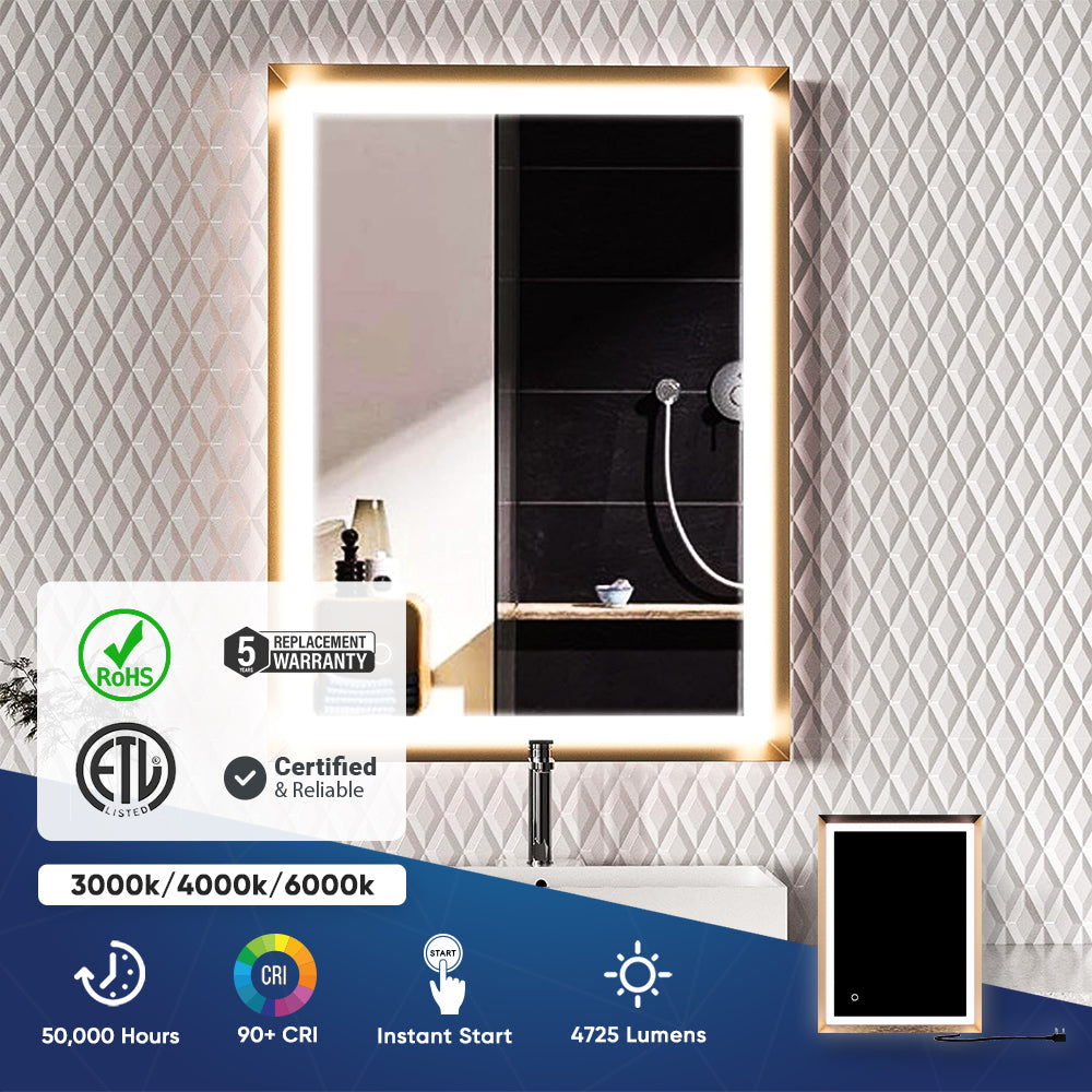 Frontlit/Backlit LED Lighted Bathroom Vanity Mirror with Frame, Anti-Fog, Touch Button, CRI 90+, Adjustable CCT & Memory, Magnum Style