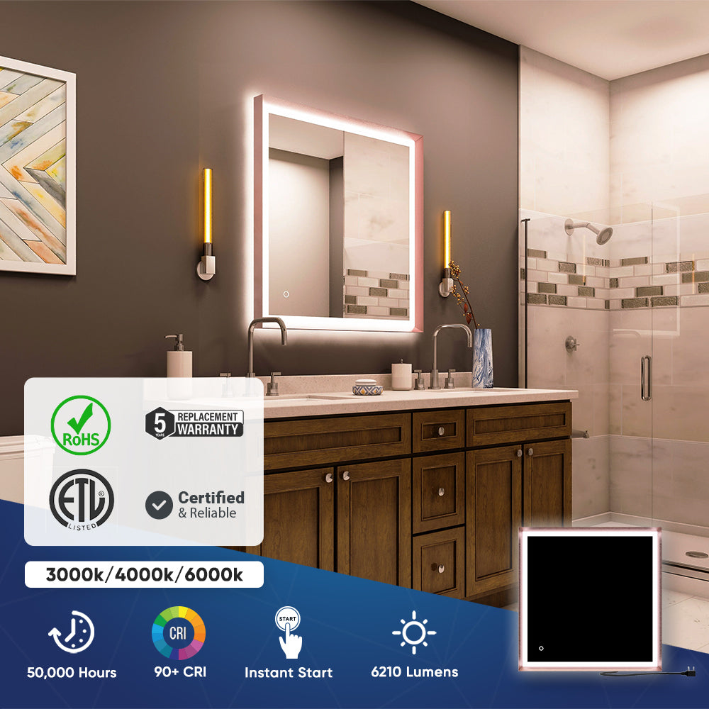 Frontlit/Backlit LED Lighted Bathroom Vanity Mirror with Frame, Anti-Fog, Touch Button, CRI 90+, Adjustable CCT & Memory, Magnum Style