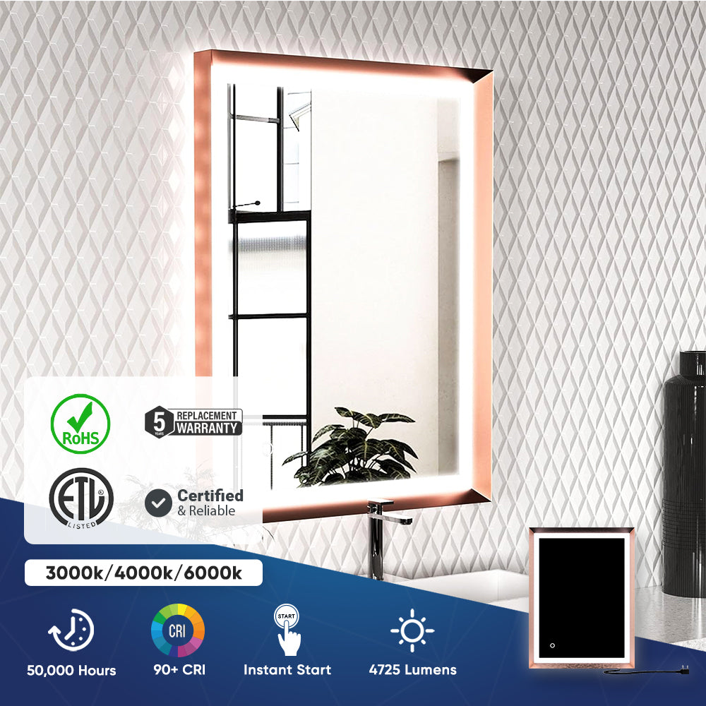 Frontlit/Backlit LED Lighted Bathroom Vanity Mirror with Frame, Anti-Fog, Touch Button, CRI 90+, Adjustable CCT & Memory, Magnum Style