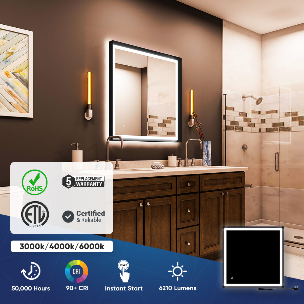 Frontlit/Backlit LED Lighted Bathroom Vanity Mirror with Frame, Anti-Fog, Touch Button, CRI 90+, Adjustable CCT & Memory, Magnum Style