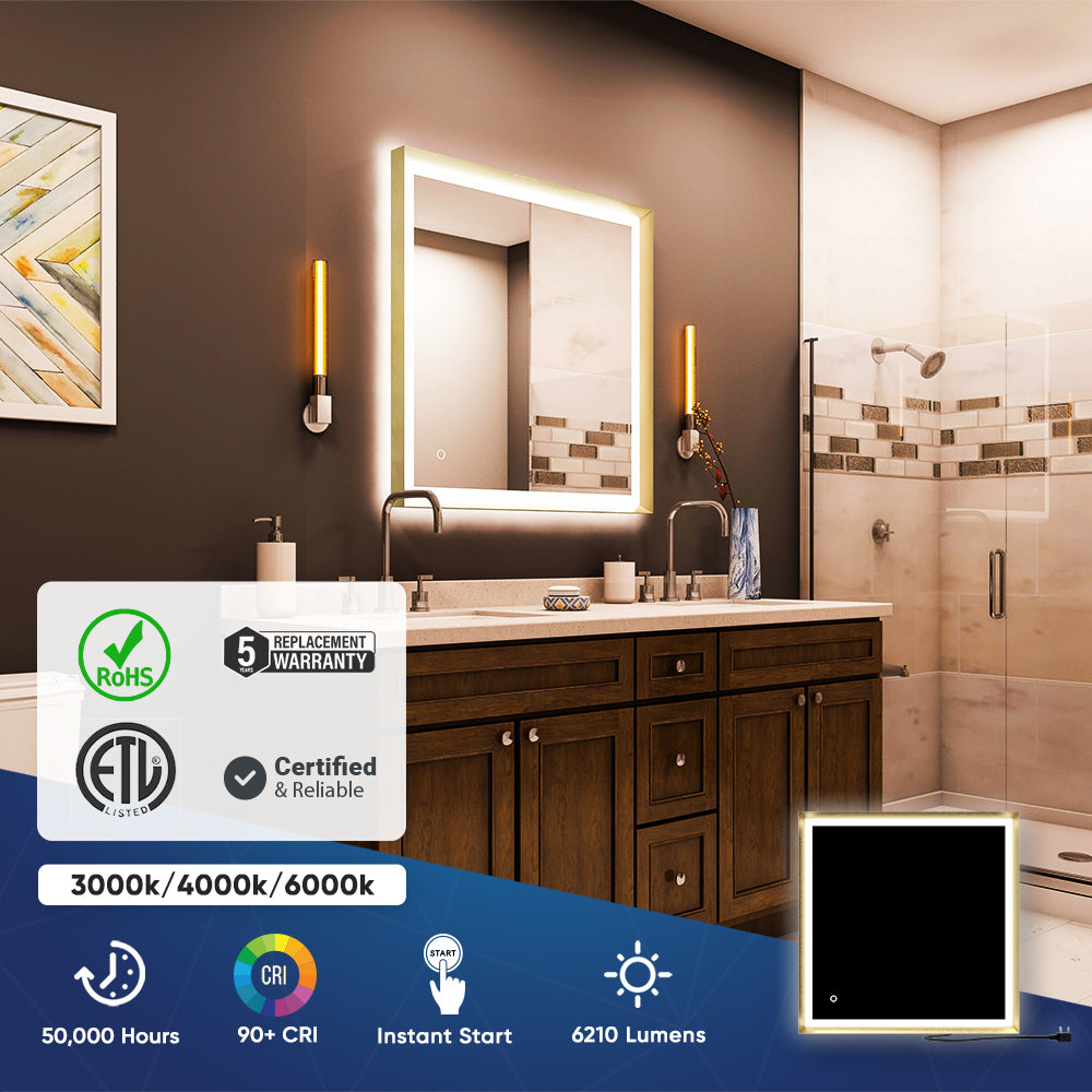 Frontlit/Backlit LED Lighted Bathroom Vanity Mirror with Frame, Anti-Fog, Touch Button, CRI 90+, Adjustable CCT & Memory, Magnum Style