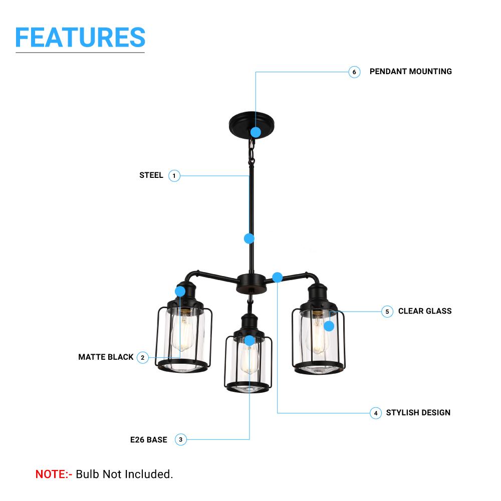 3 - Light Birdcage Chandelier Lighting Fixture, Kitchen Island Light Fixtures, Matte Black Finish, E26 Base, 3 Years Warranty - LEDMyPlace