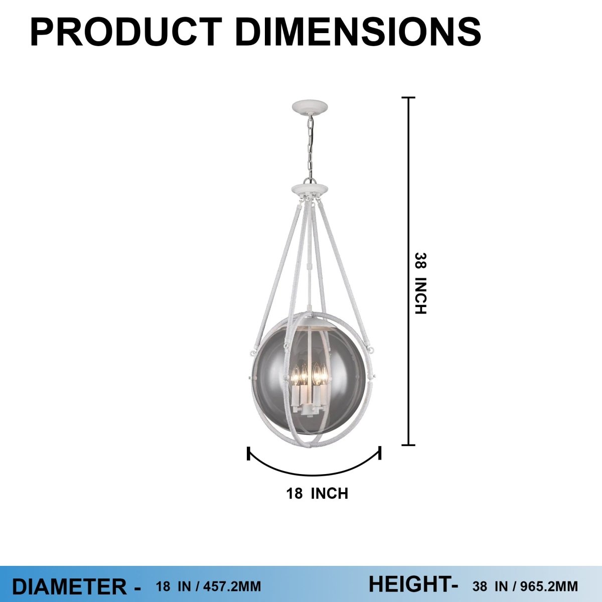 4 - Light Chandelier Light Fixture Black Textured White Finish Hardware with White Rope and Clear Glass ,E12 Base - 18”D x 38“H - LEDMyPlace