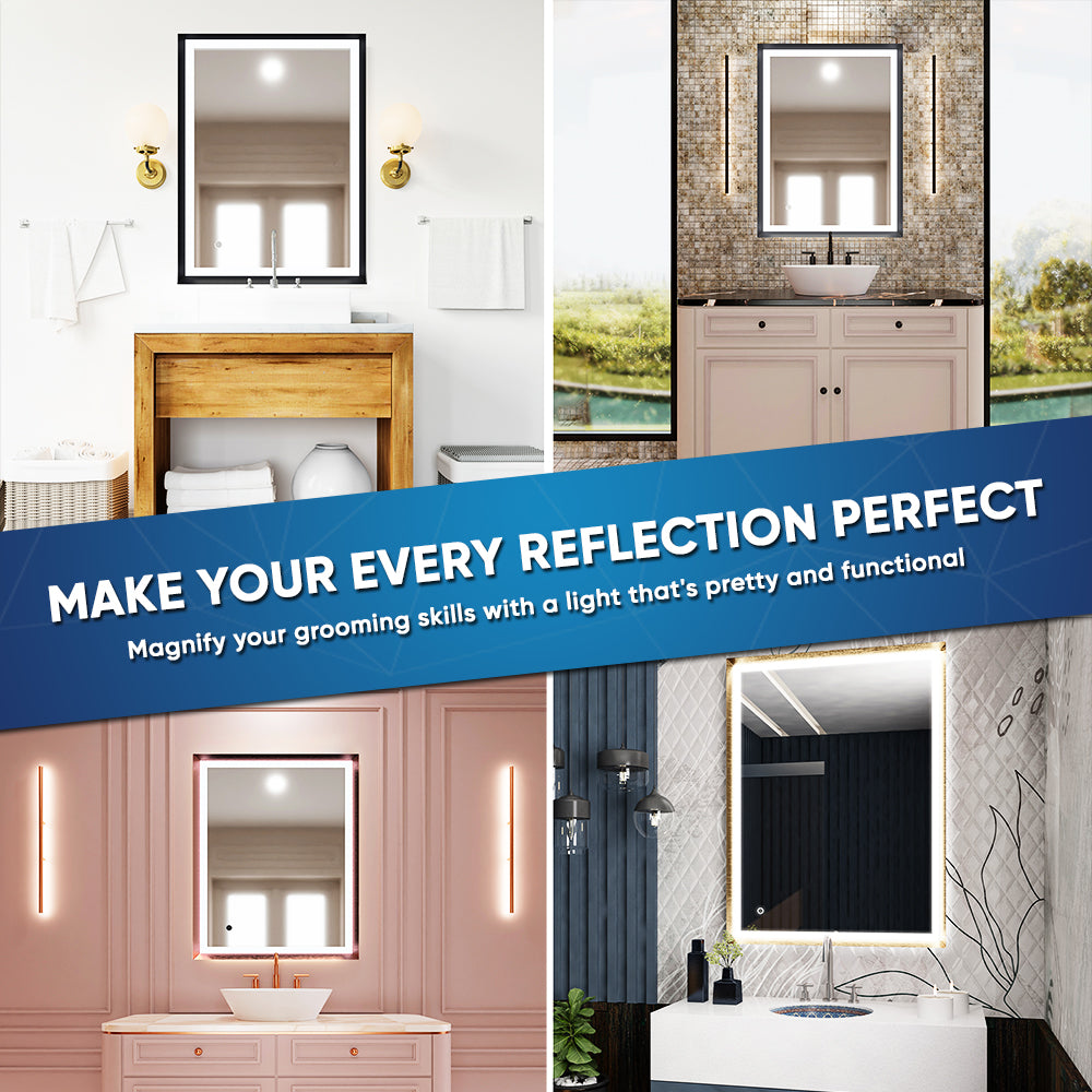 Frontlit/Backlit LED Lighted Bathroom Vanity Mirror with Frame, Anti-Fog, Touch Button, CRI 90+, Adjustable CCT & Memory, Magnum Style