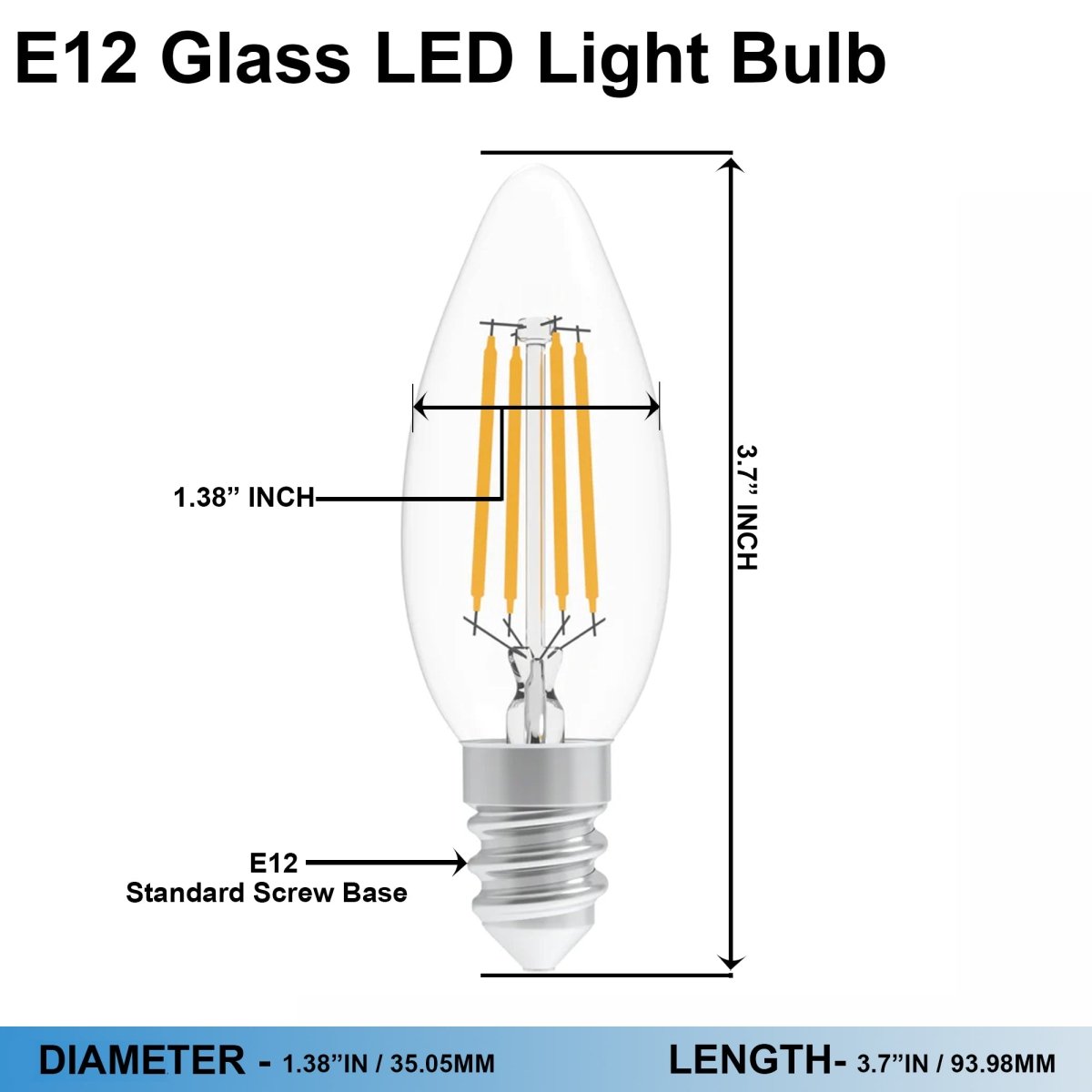 4W Filament LED Bulb, 2700K, 360LM, 120V/60Hz, 4short filament, E12 Base, Dimmable, Clear Glass, LED Candelabra Light Bulbs - D1.38"*3.7"H - LEDMyPlace