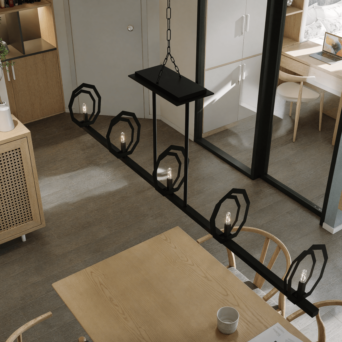 5 - Light Matte Black Finish with Deco Candlestick Linear Chandelier for Dining Room - 43"L x 7“W x 13”H - LEDMyPlace