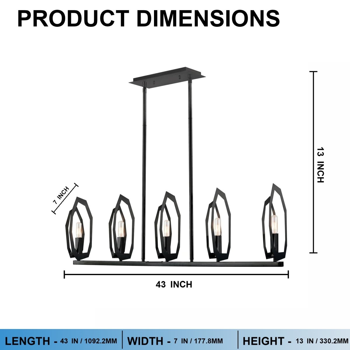 5 - Light Matte Black Finish with Deco Candlestick Linear Chandelier for Dining Room - 43"L x 7“W x 13”H - LEDMyPlace