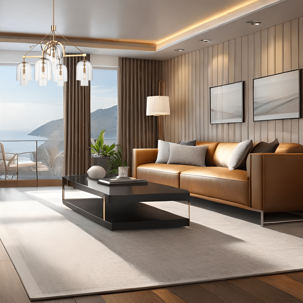 5 - Light Modern Glass Bell Shade Round Chandelier Diam 35.5", Brass Finish Hardware with Clear Glass, 27.5" Height, 120V, Bulb Type B10, Socket Type E12, Max wattage Per Socket 60W - LEDMyPlace