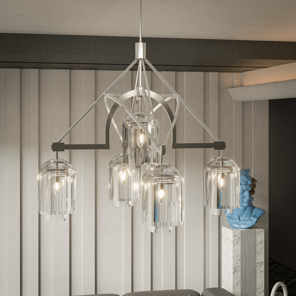 5 - Light Modern Glass Bell Shade Round Chandelier Diam 35.5", Polished Nickel Finish Hardware with Clear Glass, 27.5" Height, 120V, Bulb Type B10, Socket Type E12, Max wattage Per Socket 60W - LEDMyPlace