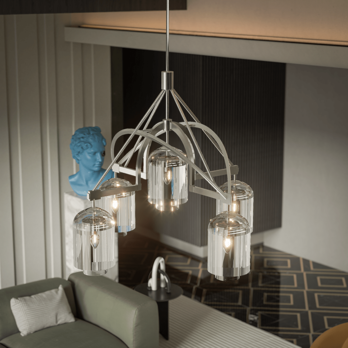 5 - Light Modern Glass Bell Shade Round Chandelier Diam 35.5", Polished Nickel Finish Hardware with Clear Glass, 27.5" Height, 120V, Bulb Type B10, Socket Type E12, Max wattage Per Socket 60W - LEDMyPlace