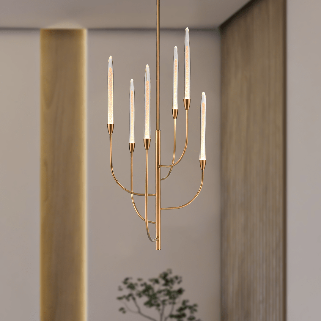 6 LED Lights Farmhouse Candle Chandeliers Satin Brass Finish Hardware with Hand Made Crystal - 20”D x 41“H 6 LED Lights Farmhouse Candle Chandeliers Satin Brass Finish Hardware with Hand Made Crystal - 20”D x 41“H