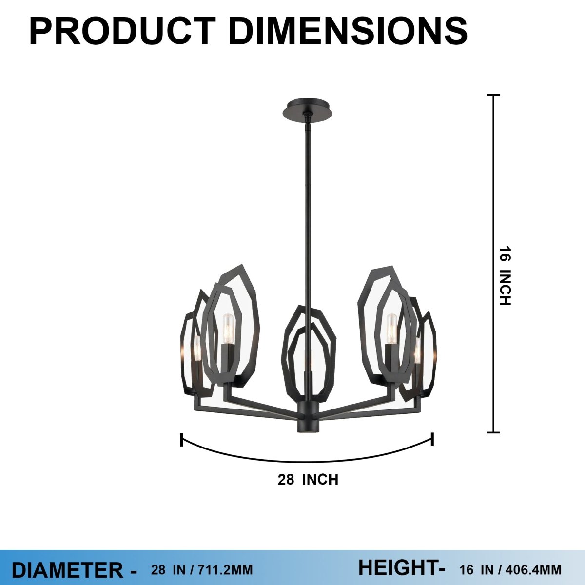 6 - Light Black Finish Chandelier Light with Snow Glass, E12 Base, 120V, Bulb Type B10, Socket type E12, Max wattage Per Socket 60W - 28“D x 16”H - LEDMyPlace