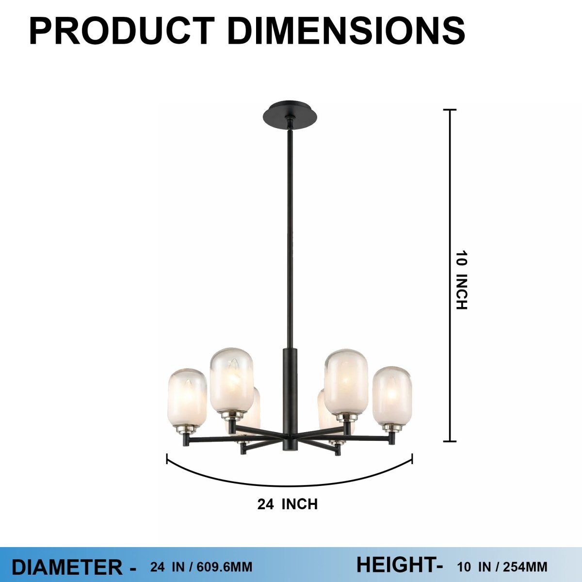 6 - Light Black Finish Chandelier Light with Snow Glass, E12 Base, Diam 24" Height 10", 120V, Bulb Type B10, Socket type E12, Max wattage Per Socket 60W - LEDMyPlace