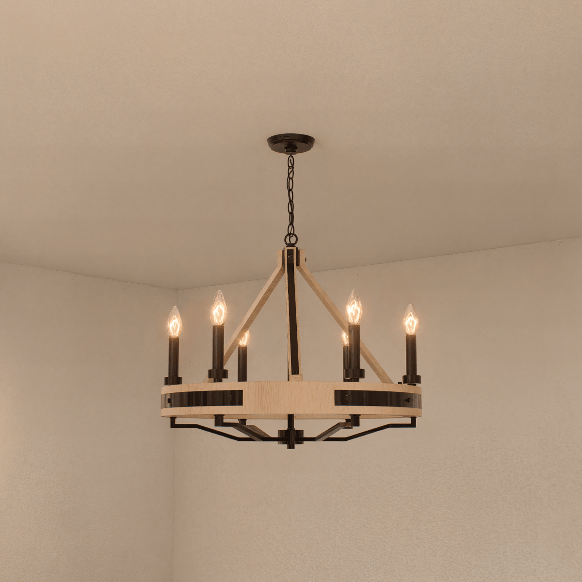 6 - Light Farmhouse Chandelier, E12 Base, Matte black Finish Hardware with Nature Solid Ashwood - 26“D x 22”H - LEDMyPlace