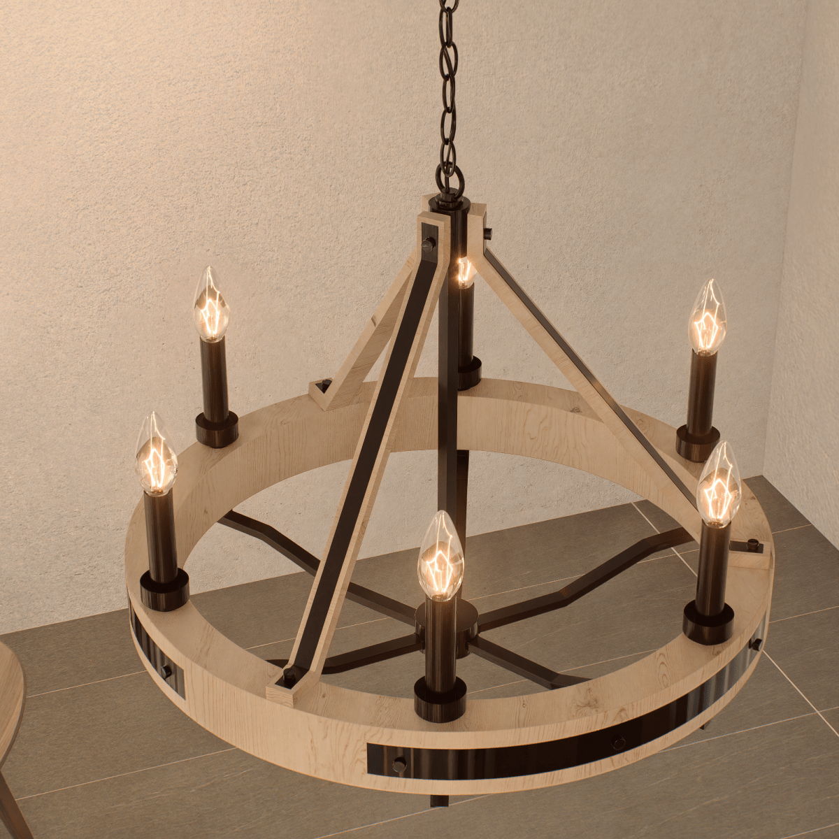 6 - Light Farmhouse Chandelier, E12 Base, Matte black Finish Hardware with Nature Solid Ashwood - 26“D x 22”H - LEDMyPlace