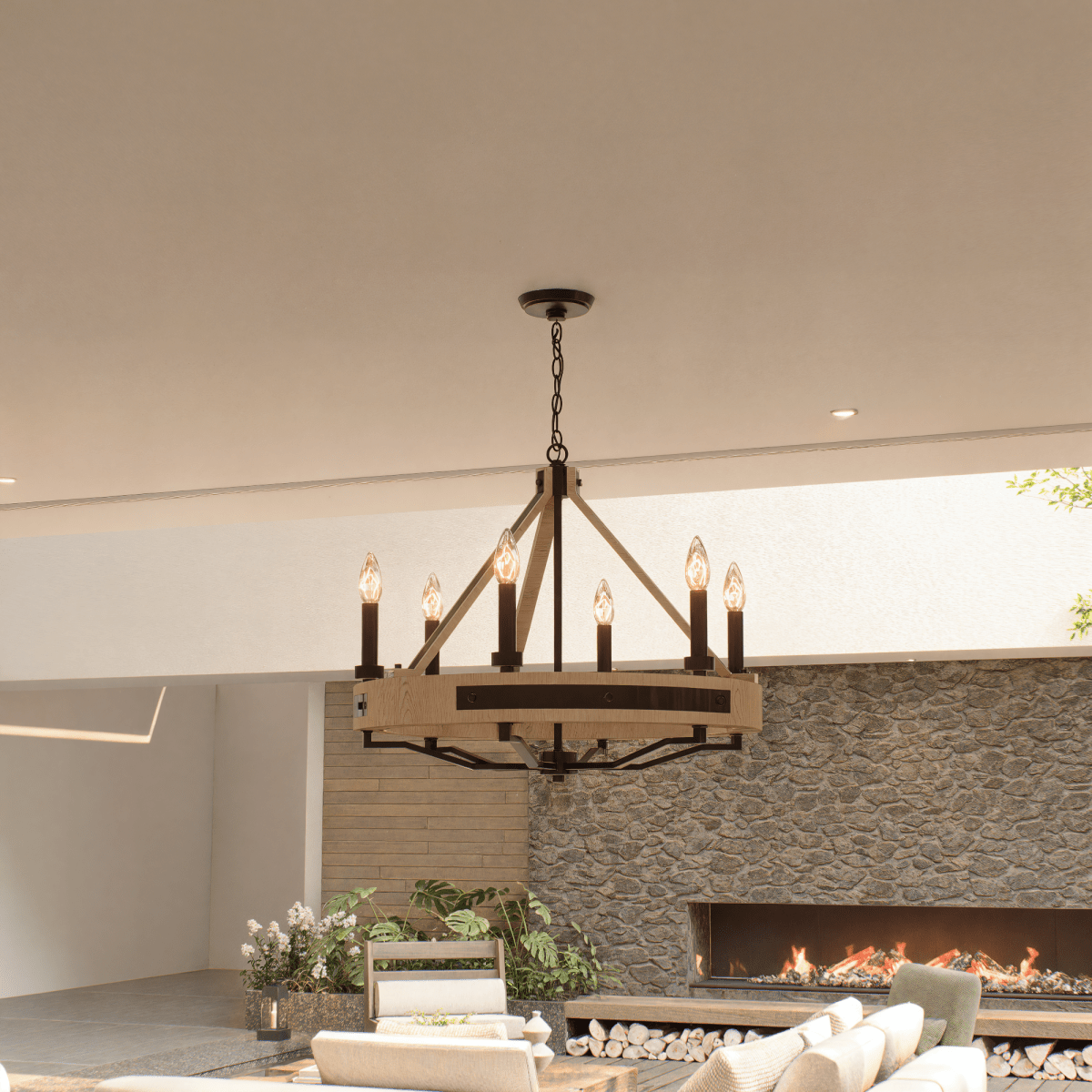 6 - Light Farmhouse Chandelier, E12 Base, Matte black Finish Hardware with Nature Solid Ashwood - 26“D x 22”H - LEDMyPlace