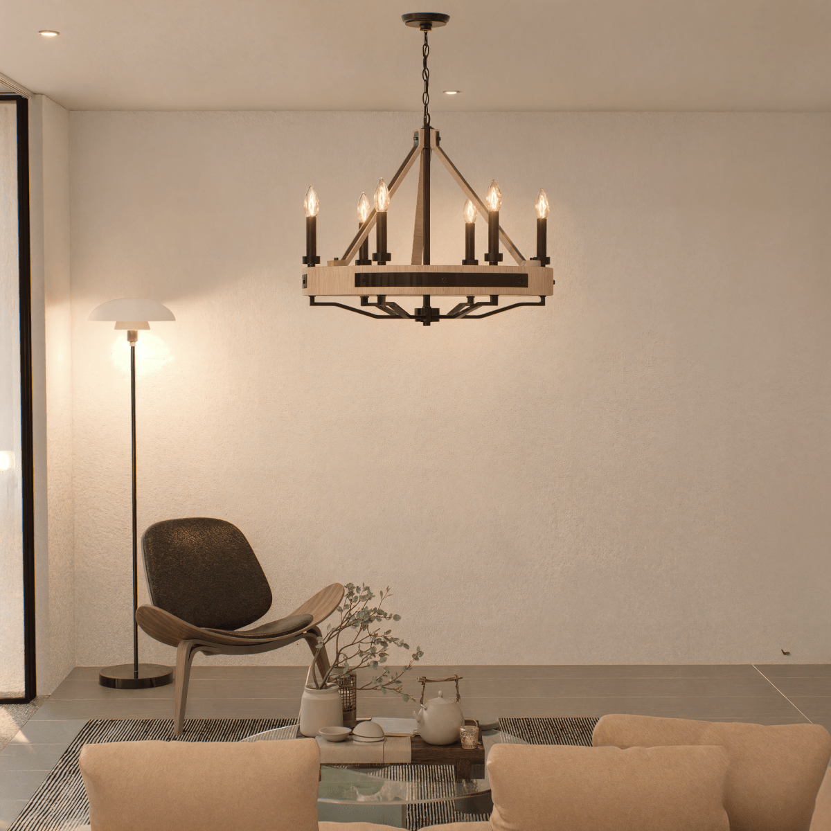 6 - Light Farmhouse Chandelier, E12 Base, Matte black Finish Hardware with Nature Solid Ashwood - 26“D x 22”H - LEDMyPlace