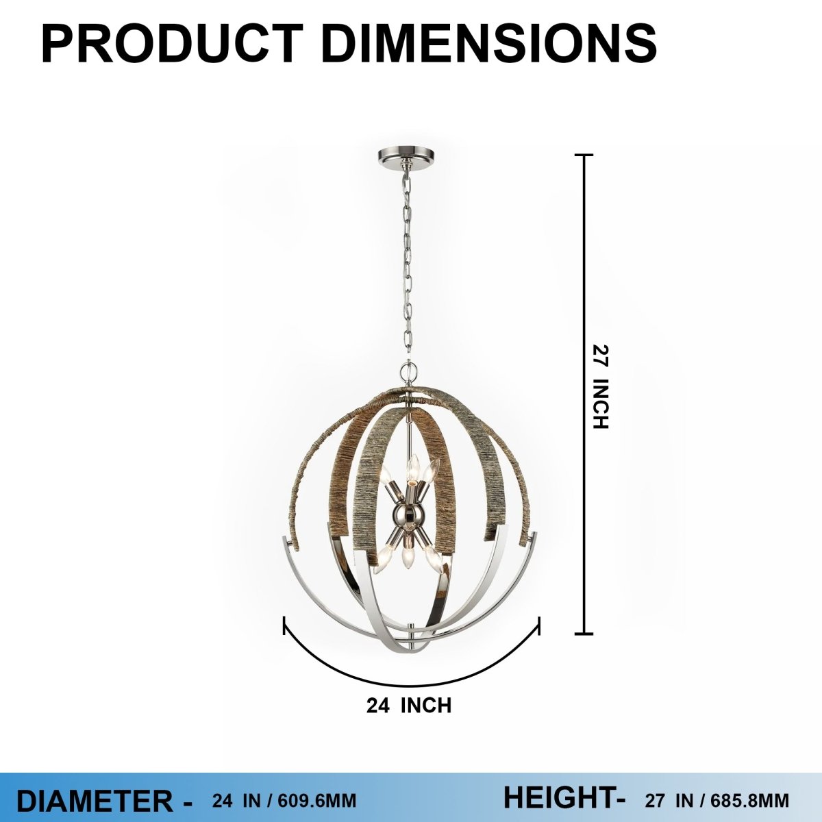 6 - Light Polished Nickel Finish and Nature Gray Corn Leaf Rope Pendant Light, E12 Base - 24“D x 27”H - LEDMyPlace