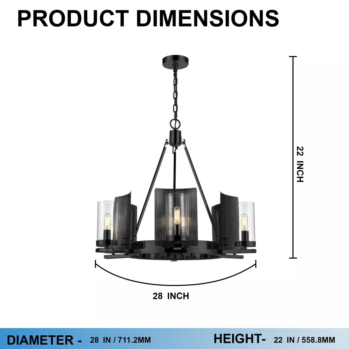 6 - Light Ring Chandelier Ceiling Light In Matte Black Finish with Clear Glass, E12 Base, Diam 28" Height 22", 120V, Bulb Type B10, Socket type E12, Max wattage Per Socket 60W - LEDMyPlace