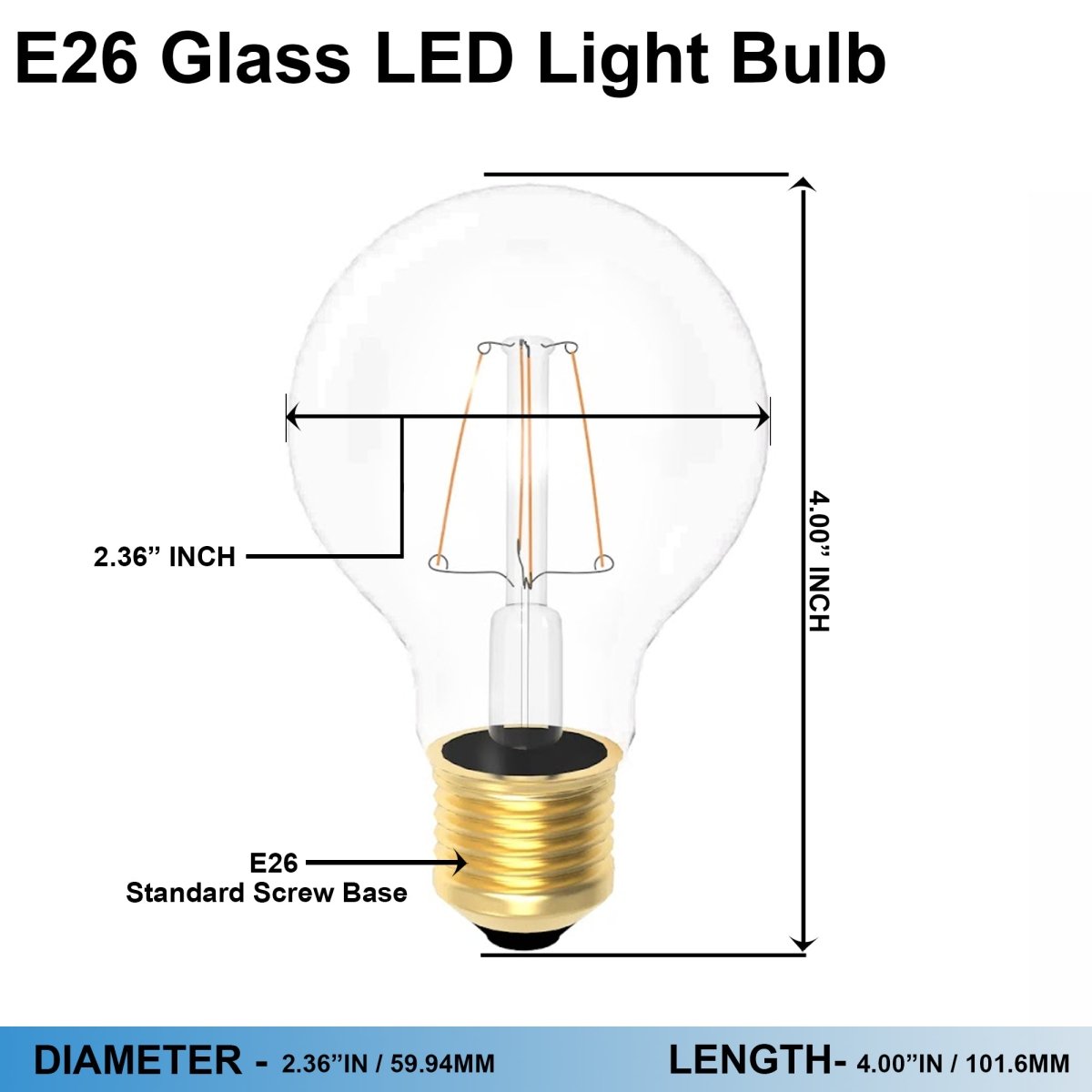 6 Watt Filament LED Light Bulb, Clear Dimmable A19 Medium (E26) Base, 120V/60Hz, 2700K, 600LM, 4 - filament - D2.36"*4.00"H - LEDMyPlace