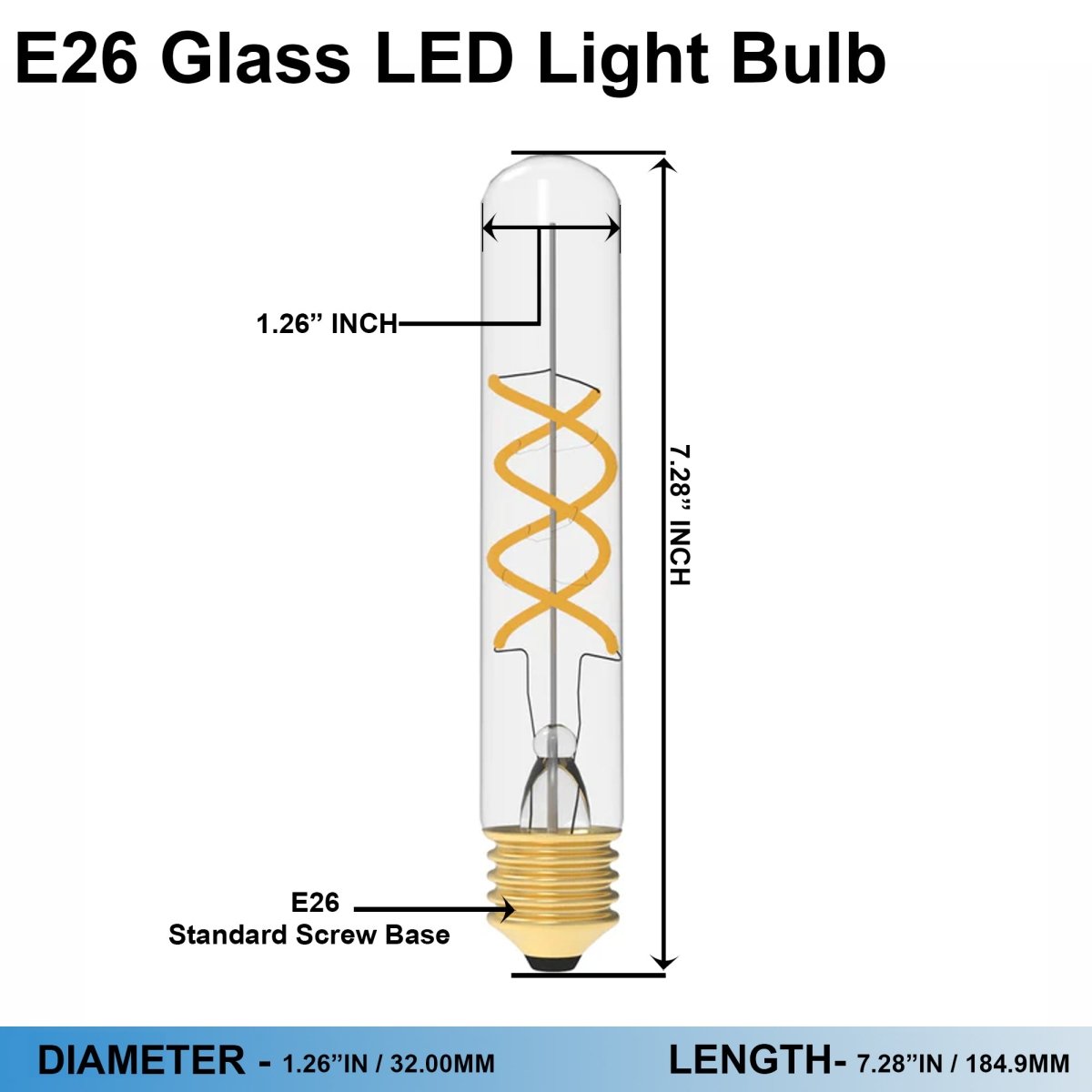 6W Vintage Exposed Filament Clear Glass LED T10L with a Medium E26 Base Light Bulb, 450 Lumen, 2700K, 120V/60Hz, Dimmable - D1.26"*7.28"H - LEDMyPlace
