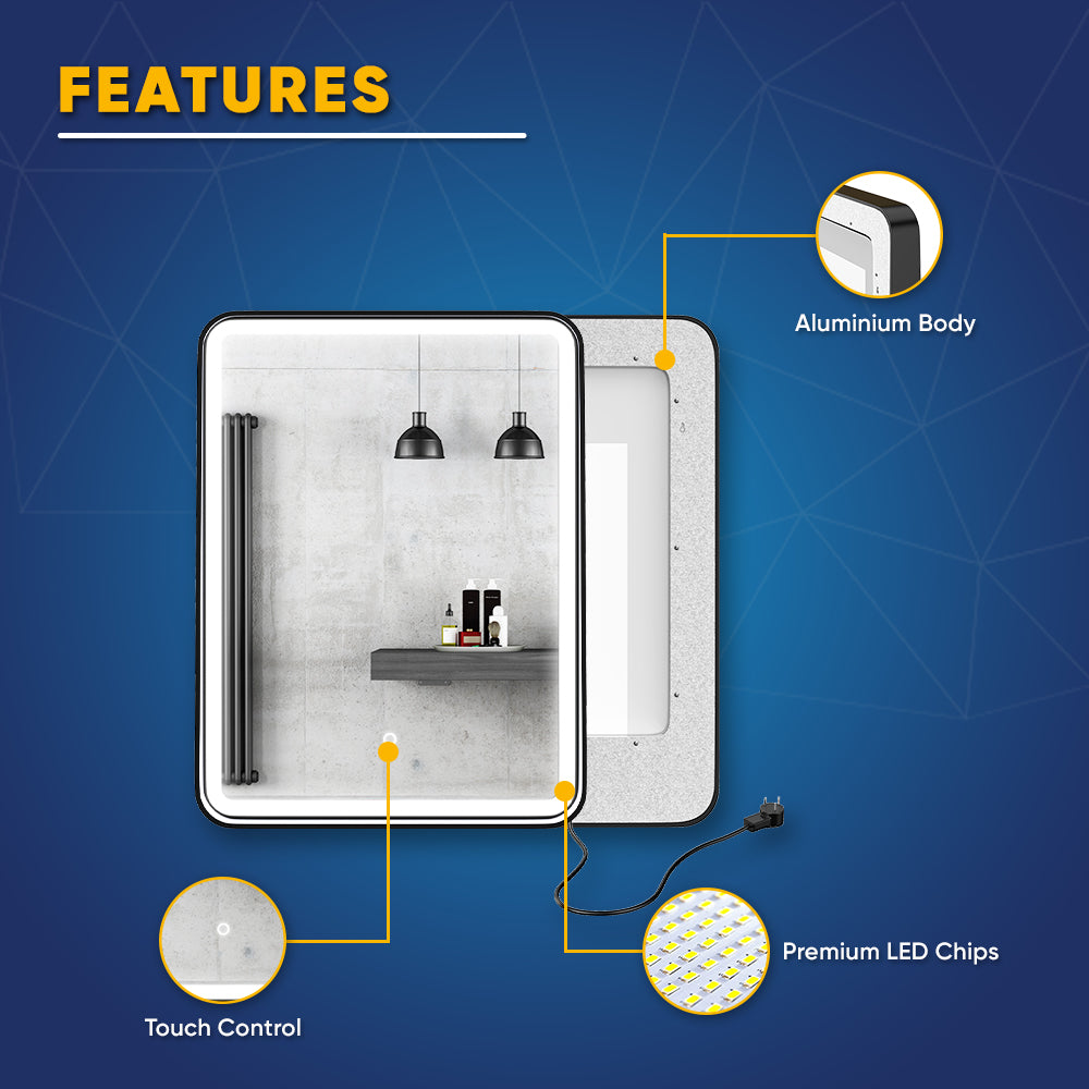 LED Lighted Bathroom Vanity Mirror With Shelf, Wall-Mounted, Touch Switch, Anti-Fog Adjustable Color Temperature & Remembrance, CRI 90+, Lighted Makeup Mirrors, Raven Style