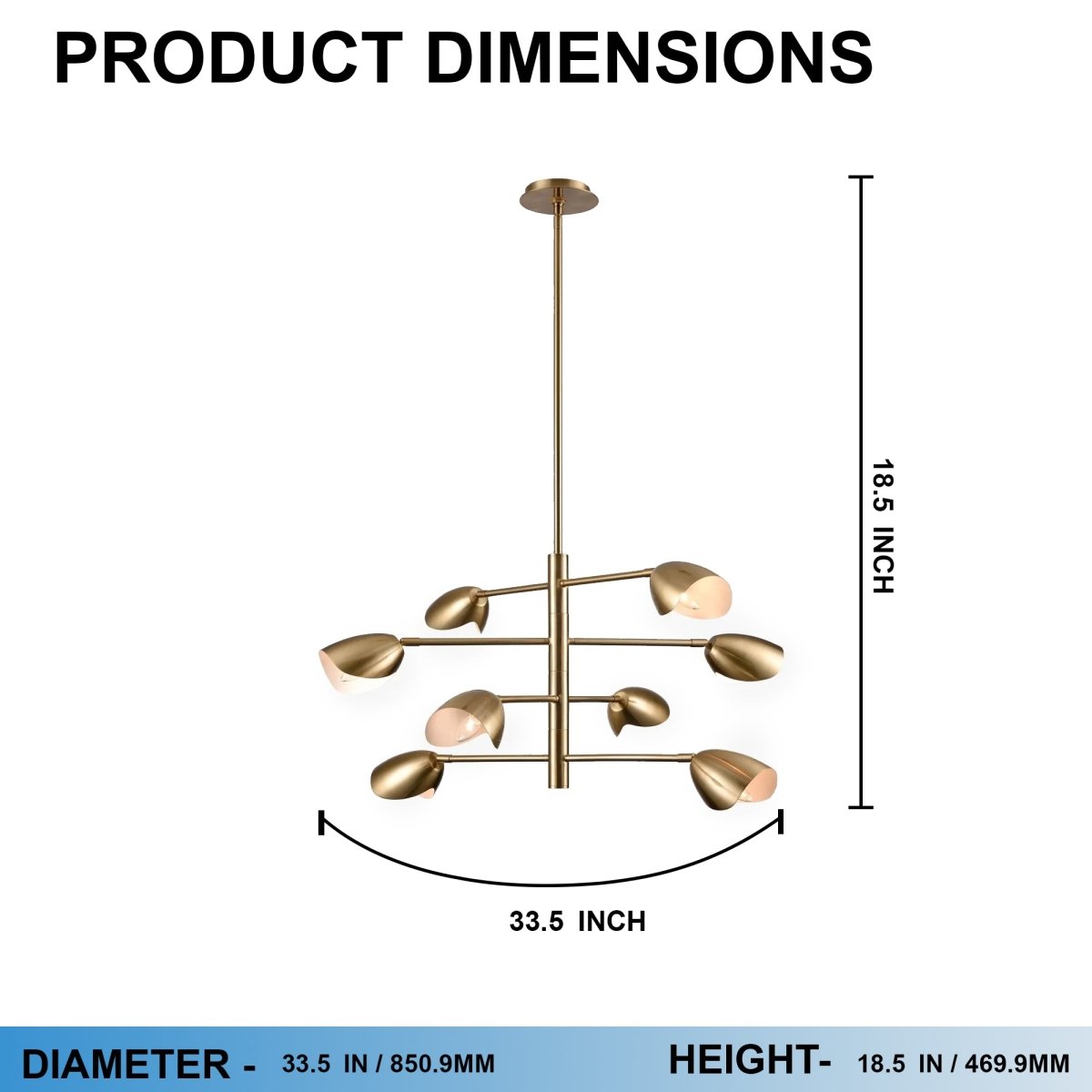 8 - Light Chandelier Ceiling Light, Curved Disk Shades, Brass Finish Hardware, 120V, Bulb Type B10, Socket type E12, Max wattage Per Socket 60W - 33.5”D x 18.5“H - LEDMyPlace