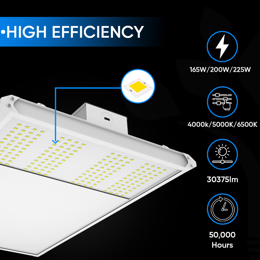 4FT Linear LED High Bay Light 165W/200W/225W Wattage Adjustable, 4000k/5000K/6500K CCT Changeable, Dip Switch, 0-10V Dim, 120-277V Input Voltage, ETL, DLC 5.1 Listed
