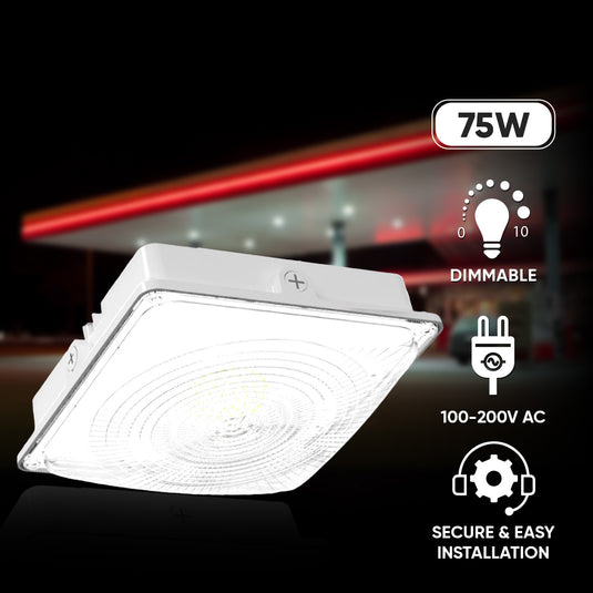 LED Canopy Light 75W 5700K Daylight 9750LM IP65 Waterproof 0-10V Dim 120-277VAC UL Listed Surface or Pendant Mount, for Gas Stations Outdoor Area Light, White