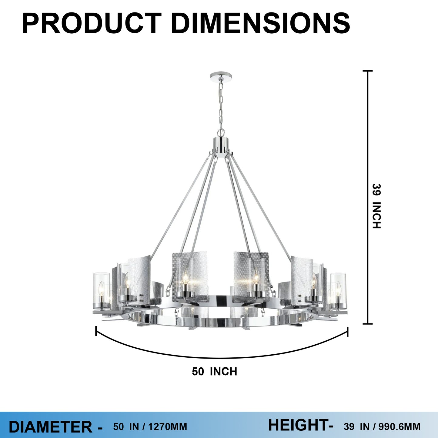 12-Light Ring Chandelier Ceiling Light in Chrome Finish with Clear Glass, Diam 50" Height 39", 120V, Bulb Type B10, Socket Type E12, Max wattage Per Socket 60W