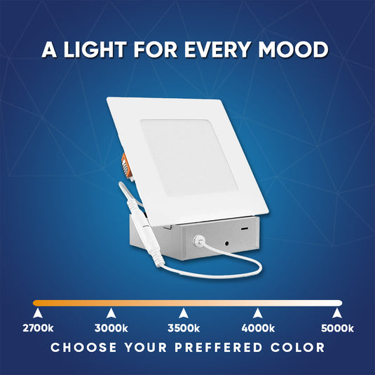 6" 12W LED Slim Panel Recessed Ceiling Light CCT Changeable 2700k/3000K/3500K/4000K/5000K, with Junction Box, Square