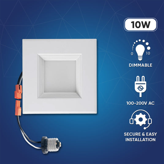 4" Square LED Downlight, 10W, 5CCT Changeable: 2700K/3000K/3500K/4000K/5000K, 120V AC, Baffle Aluminum Trim, Damp Rated