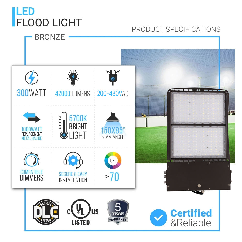 300 Watt LED High Output Flood Light Fixture, 5700K, IP65 Waterproof, Dimmable, 277V-480V High Voltage, Bronze, Commercial Lighting Garden Yard Park Stadium Arena Lighting Fixture